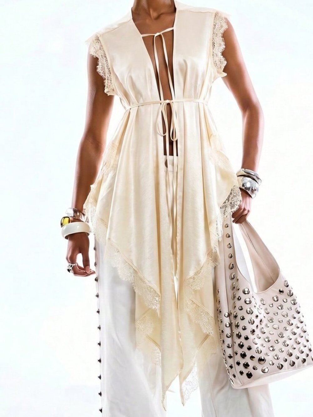 Beige Casual Women's Minimalist Lace Tie Detail Asymmetrical Hem Sleeveless Top - Picture 3 of 6